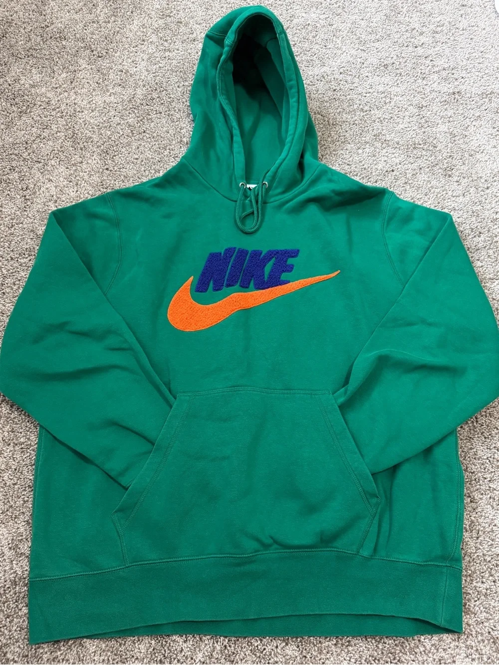 Nike Green Crewneck Hoodie with Orange Swoosh and Purple Logo